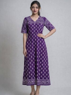 Purple hand block one piece dress