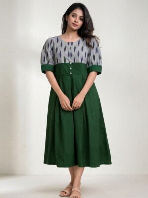 Ikkat and cotton one piece dress with pocket