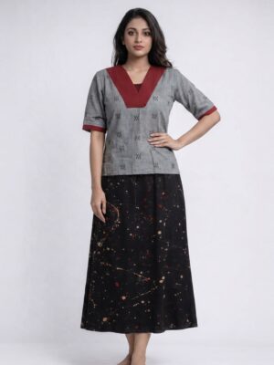 Jamdani Top is paired with Black Mashru Skirt.